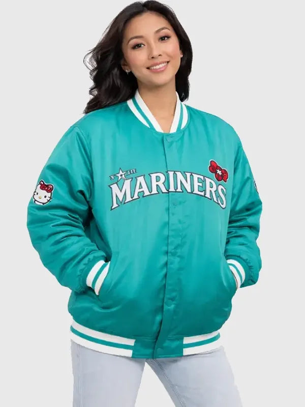 Mariners Hello Kitty Jacket Jacket unisex front product view | Dash Racegear — Green Hello Kitty bomber jacket by Michelle Villafuerte, inspired by Seattle Mariners design.