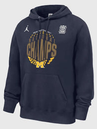Michigan Wolverines NCAA Basketball National Champions Hoodie Hoodie unisex front product view | Dash Racegear — Michigan Wolverines 2026 champions navy locker room hoodie by Jordan, perfect for fans.