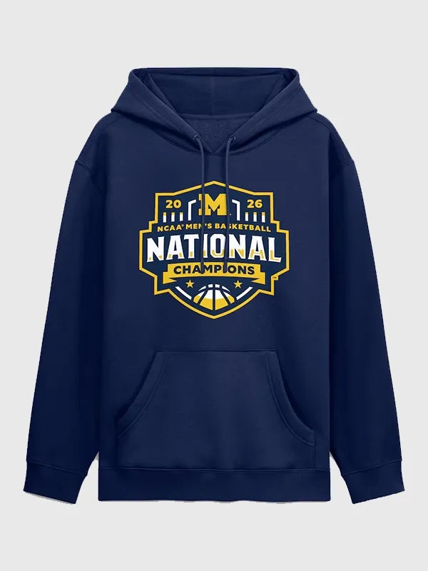 Michigan Wolverines Basketball National Champions Hoodie Hoodie unisex front product view | Dash Racegear — Michigan Wolverines 2026 champions Half-Court Hero hoodie, perfect for fans and casual wear.