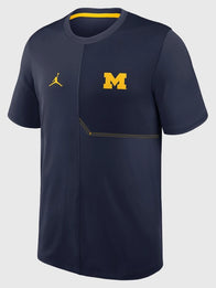 Michigan Wolverines Jordan Coach’s T-Shirt Shirt unisex front product view | Dash Racegear — Jordan Michigan Wolverines Coach's Navy Unisex Dri Fit T Shirt expressing collegiate pride with everyday versatility