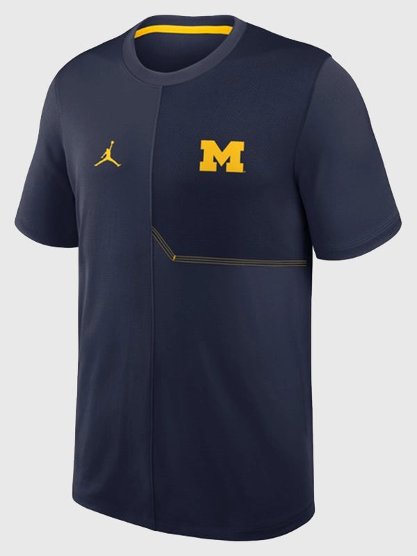 Michigan Wolverines Jordan Coach’s T-Shirt Shirt unisex front product view | Dash Racegear — Jordan Michigan Wolverines Coach's Navy Unisex Dri Fit T Shirt expressing collegiate pride with everyday versatility