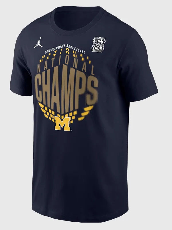 Michigan Wolverines 2026 NCAA National Champions Locker Room T-Shirt Shirt unisex front product view | Dash Racegear — Navy Michigan Wolverines 2026 Locker Room T-shirt, perfect for fans and casual wear.