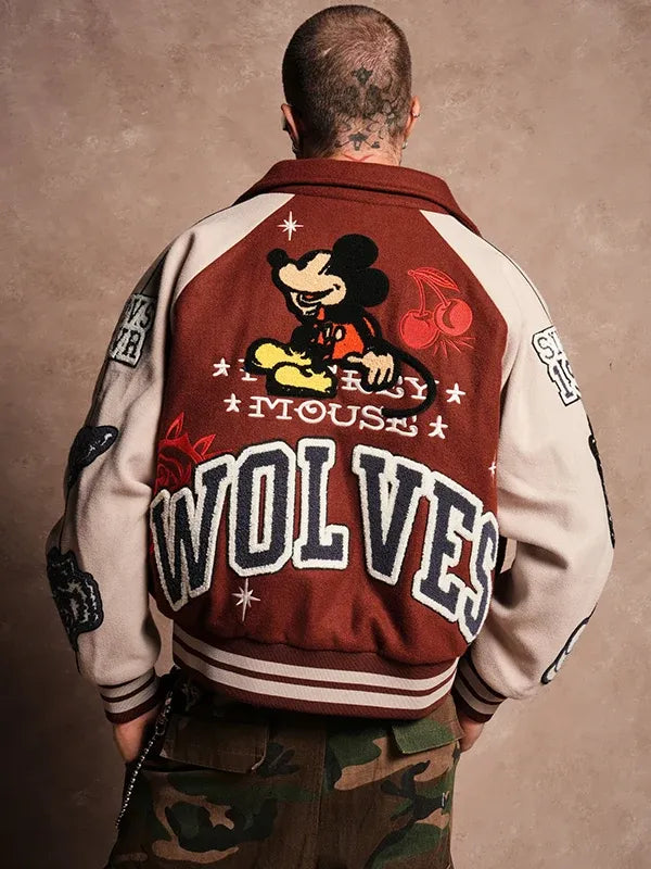 Mickey Mouse Wolves Club Rudy Maroon Letterman Jacket Jacket unisex detail view 2 | Dash Racegear — 2026 Mickey Mouse Wolves Club varsity jacket showcasing a rich maroon finish with premium craftsmanship and modern appeal.