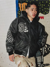 Adidas Disney Mickey Mouse Dreams Jacket Jacket unisex front product view | Dash Racegear — Black leather hooded jacket inspired by Adidas Disney Mickey Mouse Where Dreams Come True 2026 collection.