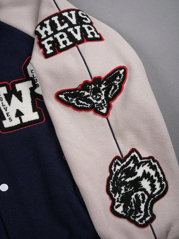 Mickey Mouse Wolves Club Rudy Navy Letterman Jacket Jacket unisex detail view 7 | Dash Racegear — Roxy Box Cut Rudy varsity jacket featuring a classic fit and comfortable all-day wearability for casual outfits.