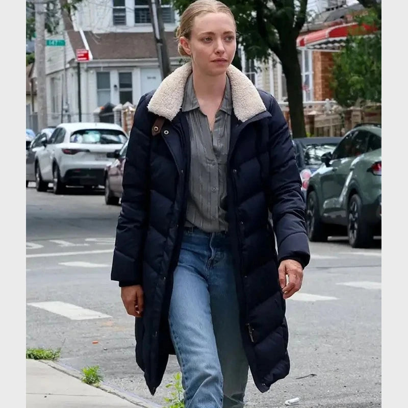 Long Bright River 2025 Amanda Seyfried Puffer Coat Jacket unisex front product view | Dash Racegear — Long Bright River 2025 Amanda Seyfried Puffer Coat