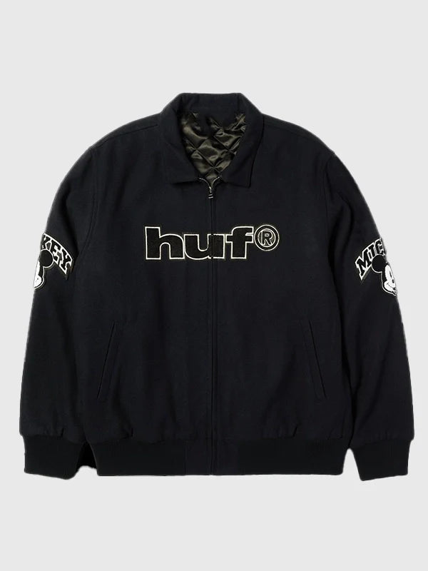 Disney x HUF Mickey Worldwide Tour Varsity Jacket Varsity Jacket unisex front product view | Dash Racegear — Mickey Worldwide Tour Varsity Jacket by Disney x HUF for fan fashion