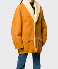 Womens Mid-Length Mustard Shearling Coat Jacket women detail view 2 | Dash Racegear — Womens Mustard Suede Leather Mid-Length Coat