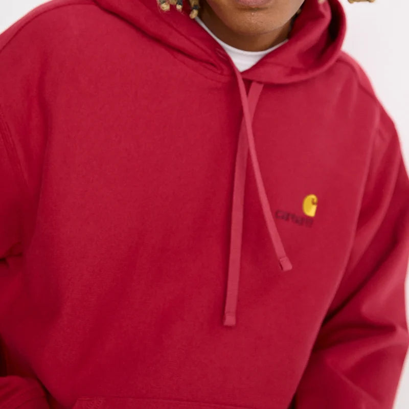 Red Carhartt Loose Fit Hoodie Hoodie unisex detail view 2 | Dash Racegear — Close-up of the red Carhartt hoodie, highlighting the triple-stitched seams and front hand-warmer pocket.