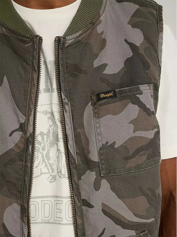Stranger Things Wrangler Camo Vest Vest unisex detail view 5 | Dash Racegear — Fans wear the Wrangler x Stranger Things Green and Grey Camo Zip Vest for relaxed streetwear style.