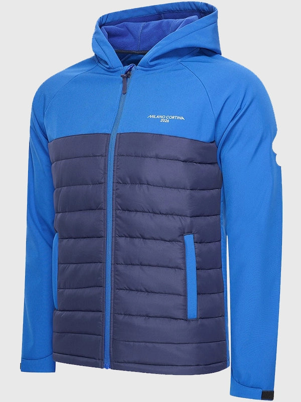 Milano Cortina 2026 Olympics Softshell Hooded Jacket Jacket unisex detail view 2 | Dash Racegear — Stay cozy in this blue Milano Cortina 2026 hooded softshell jacket, designed for sporty fans and everyday winter wear.