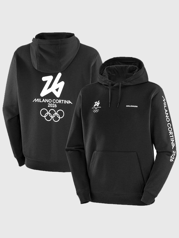 Milano Cortina 2026 Olympics Salomon Logo Graphic Hoodie Hoodie unisex front product view | Dash Racegear — Milano Cortina 2026 Olympics Salomon Hoodie in black, featuring bold graphics, perfect for fans staying cozy at events.
