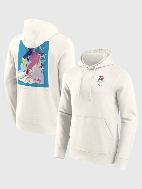 Milano Cortina 2026 Paralympics Iconic Poster Graphic Hoodie Hoodie unisex front product view | Dash Racegear — Milano Cortina Paralympics 2026 Hoodie in off white, soft fleece and standout artwork to show event pride.