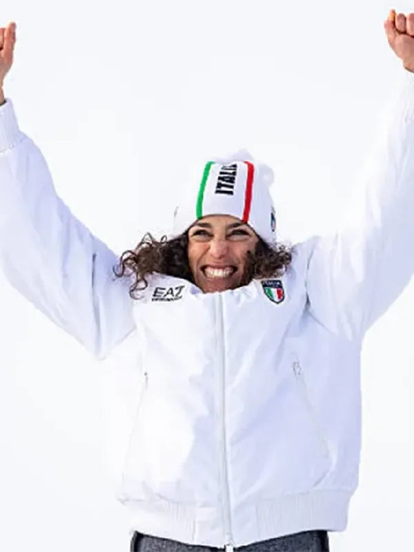 Federica Brignone 2026 Winter Olympics Team Italy Jacket Jacket unisex detail view 4 | Dash Racegear — White EA7 Team Italy jacket inspired by Federica Brignone, perfect for cheering at Milano Cortina 2026 Winter Games.
