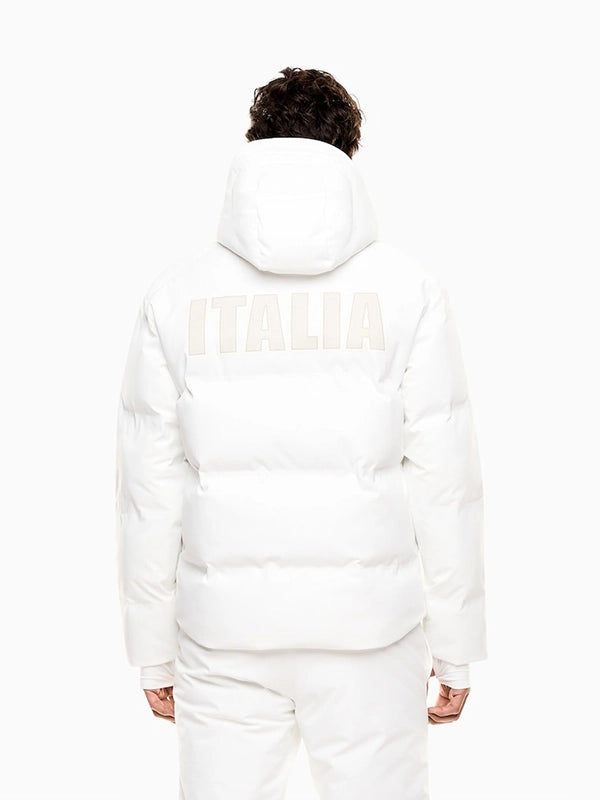Winter Olympics 2026 Team Italy EA7 Emporio Armani Ski Puffer Jacket Puffer Jacket unisex detail view 3 | Dash Racegear — White Team Italy ski parachute puffer by EA7 Emporio Armani, Milano Cortina 2026, cozy for winter sports and travel.