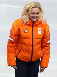 Xandra Velzeboer Winter Olympics 2026 Team Netherlands Jacket Jacket unisex front product view | Dash Racegear — Bright orange Milano Cortina 2026 Team Netherlands puffer jacket with hood, inspired by Xandra Velzeboer for Winter Olympics.