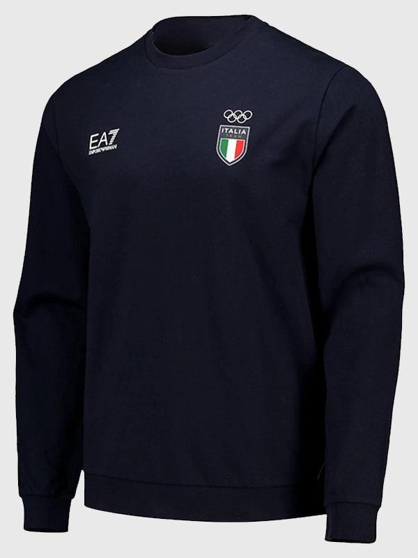 Winter Olympics 2026 Team Italy EA7 Emporio Armani Crew Sweatshirt Sweatshirt unisex front product view | Dash Racegear — EA7 Emporio Armani Team Italy Milano Cortina 2026 navy crew sweatshirt for casual Olympic-inspired style.