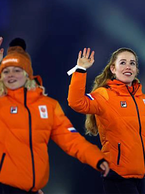 Winter Olympics 2026 Team Netherlands Opening Ceremony Jacket Jacket unisex front product view | Dash Racegear — Team Netherlands bright orange hooded jacket keeps fans warm and stylish at Milano Cortina 2026 Winter Olympics.