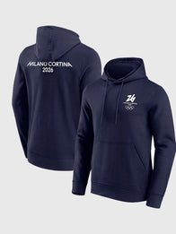 Milano Cortina 2026 Olympics Front & Back Logo Graphic Hoodie Hoodie unisex front product view | Dash Racegear — Milano Cortina Winter Olympics 2026 Hoodie in navy, fleece-lined with eye-catching front and back Olympic logos.