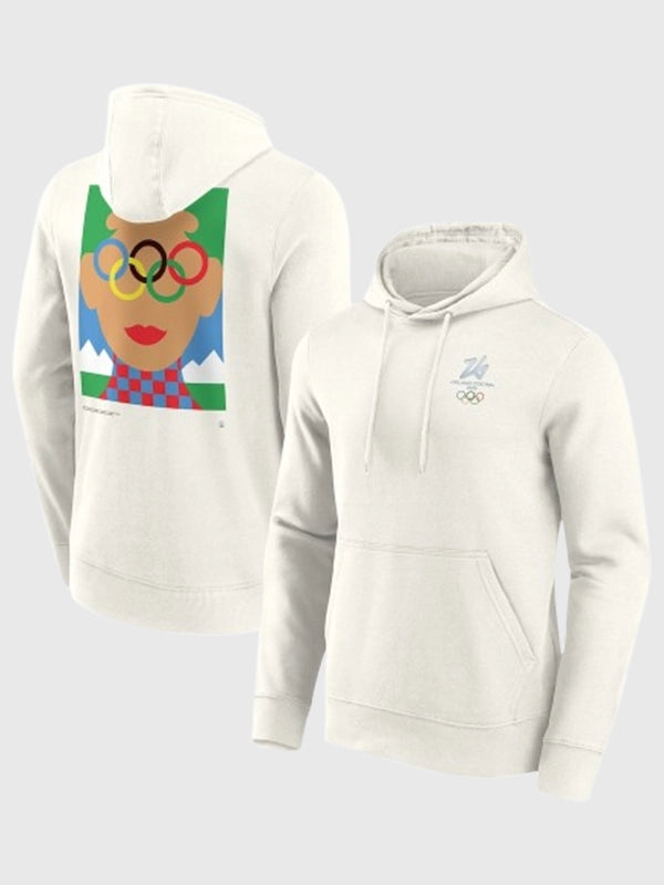 Milano Cortina 2026 Iconic Poster Graphic Hoodie Hoodie unisex front product view | Dash Racegear — Off white Milano Cortina Winter Olympics 2026 Hoodie with striking poster art and relaxed fit for casual looks.