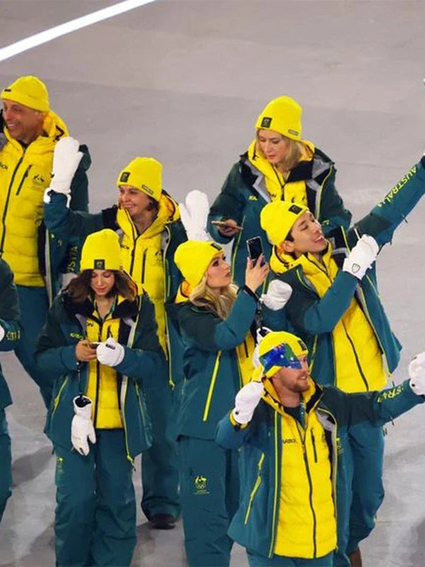 Winter Olympics 2026 Opening Ceremony Team Australia Jacket Jacket unisex detail view 5 | Dash Racegear — Milano Cortina 2026 green full-zip hooded jacket worn by Team Australia fans during chilly Olympic ceremonies.