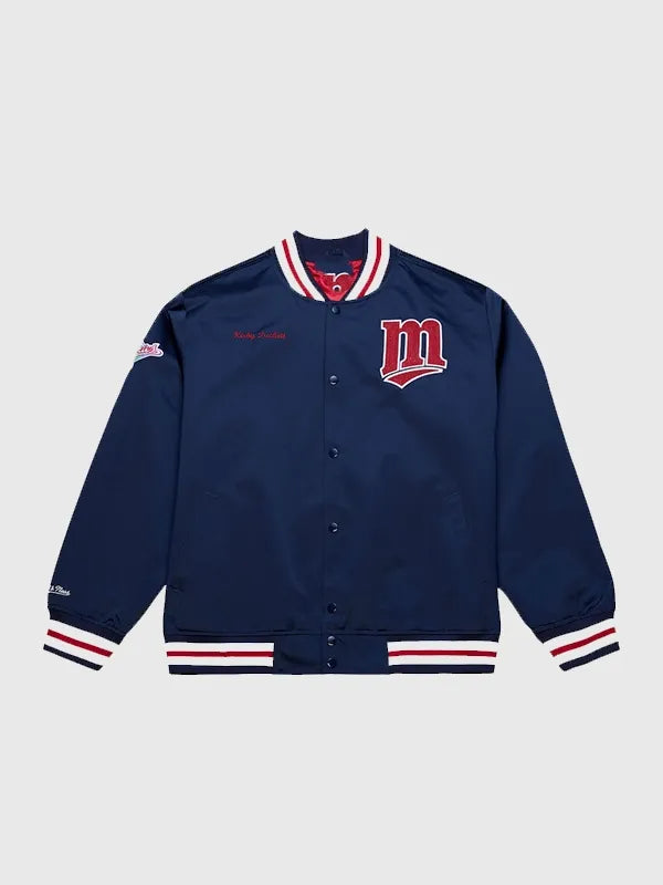 Kirby Puckett Minnesota Twins Satin Jacket Jacket unisex front product view | Dash Racegear — Minnesota Twins Kirby Puckett navy blue satin full-snap jacket, perfect for fan-ready style.