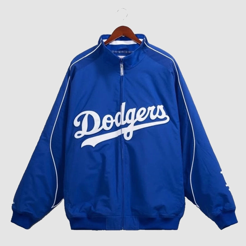 Mitchell & Ness 2005 Dodgers Dugout Jacket Jacket unisex front product view | Dash Racegear — Mitchell & Ness baseball jacket – 2005 Dodgers dugout edition