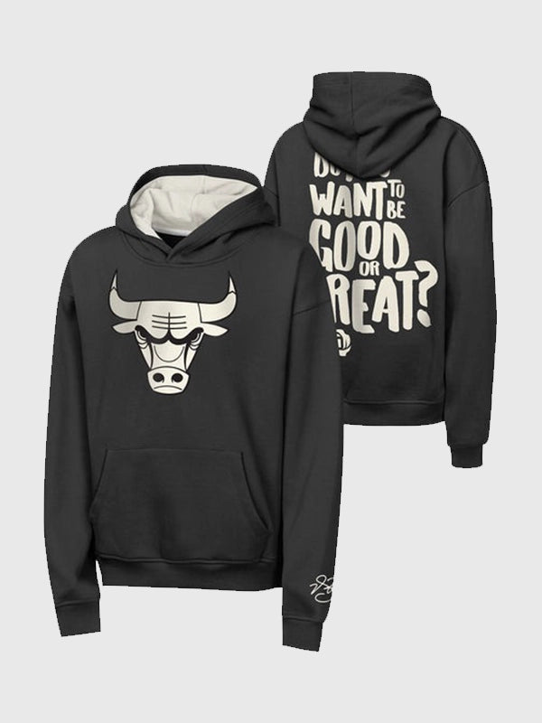 Chicago Bulls Derrick Rose Good or Great Hoodie Hoodie unisex front product view | Dash Racegear — Black Mitchell & Ness Chicago Bulls Derrick Rose Good or Great Hoodie featuring fleece warmth for fans honoring a legend.