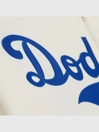 Mitchell & Ness Los Angeles Dodgers Cooperstown Batting Practice Jacket Jacket unisex detail view 3 | Dash Racegear — Cream Mitchell & Ness Los Angeles Dodgers Cooperstown Fleece Jacket with authentic retro MLB team branding.