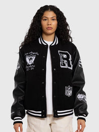 Los Angeles Raiders World Champs Varsity Jacket Varsity Jacket unisex front product view | Dash Racegear — Los Angeles Raiders World Champs Black Mitchell & Ness Varsity Jacket featuring premium comfort and timeless championship-inspired everyday style.