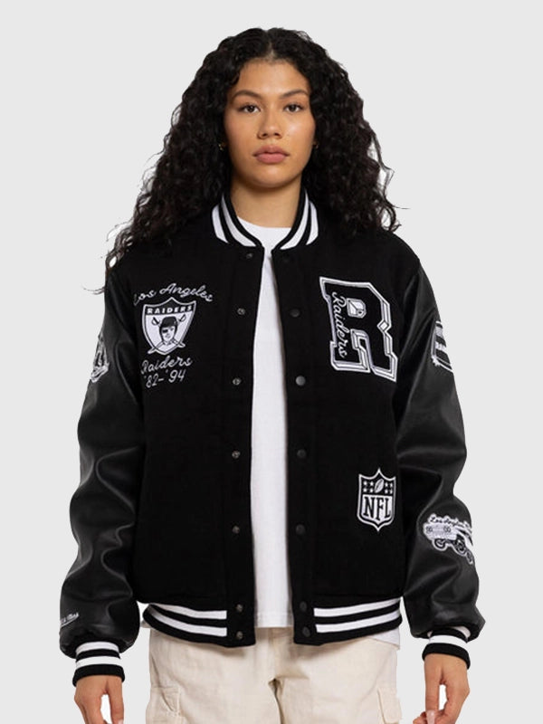 Los Angeles Raiders World Champs Varsity Jacket Varsity Jacket unisex front product view | Dash Racegear — Los Angeles Raiders World Champs Black Mitchell & Ness Varsity Jacket featuring premium comfort and timeless championship-inspired everyday style.