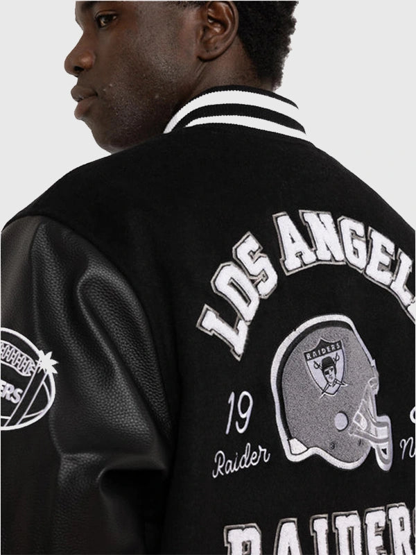 Los Angeles Raiders World Champs Varsity Jacket Varsity Jacket unisex detail view 4 | Dash Racegear — Black Raiders World Champs varsity jacket designed for lightweight comfort and effortless streetwear-inspired appeal.