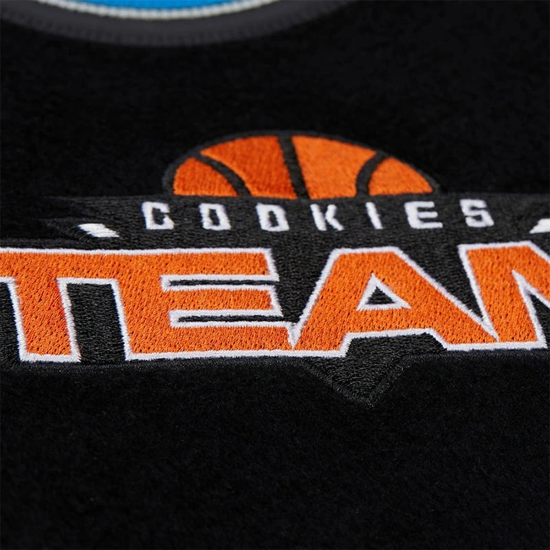 M&N x Cookies Full-Snap Varsity Jacket Varsity Jacket unisex detail view 6 | Dash Racegear — Retro-style full-snap varsity jacket black wool beige leather sleeves