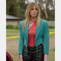 High Potential Kaitlin Olson Teal Fringed Jacket Jacket unisex front product view | Dash Racegear — High Potential Kaitlin Olson Teal Fringed Jacket