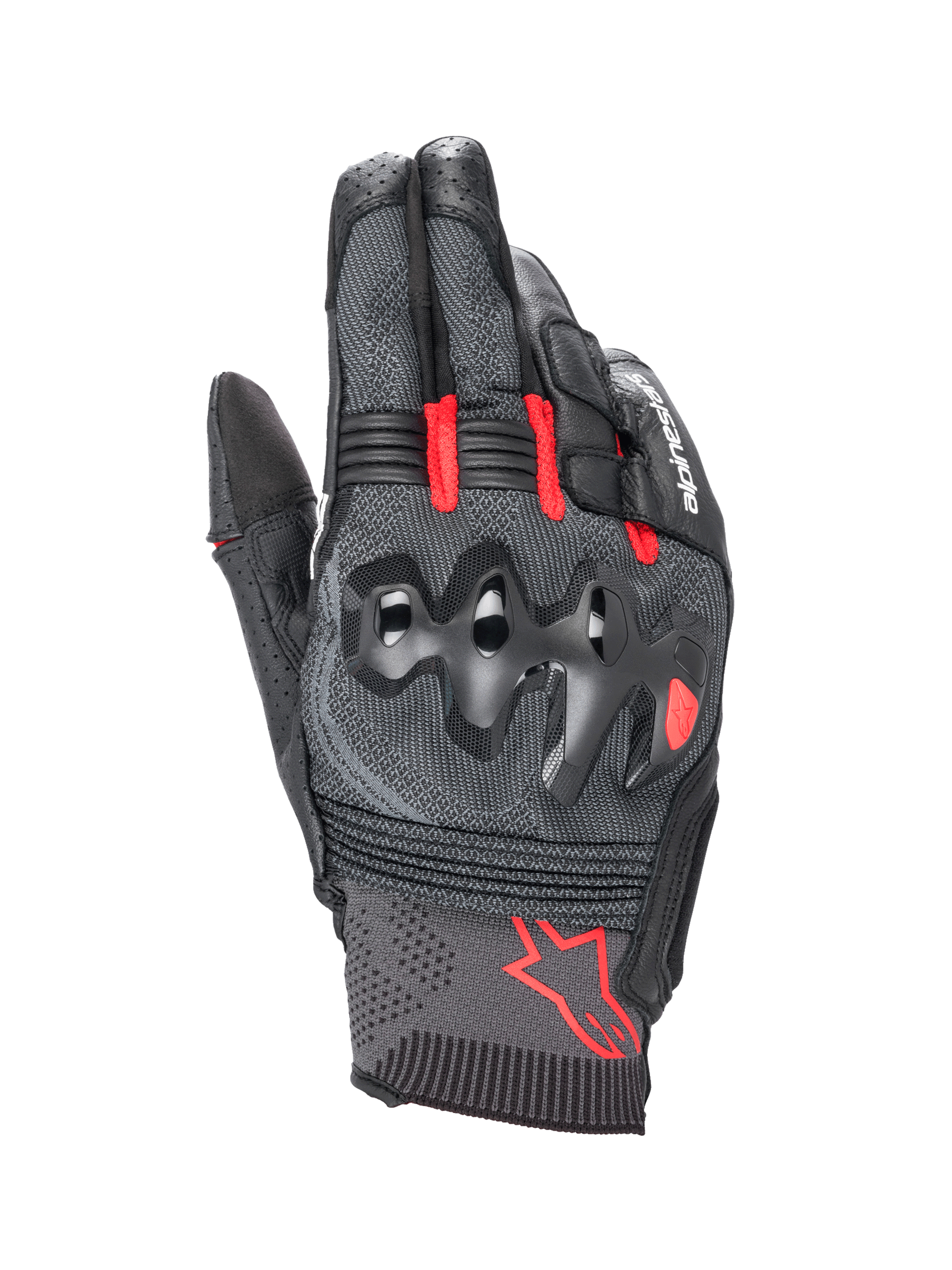 Alpinestars Morph Sport Gloves, Motorcycle Racing and Sport Gloves, Black and Bright Red, featuring MorphTech Weave™ backhand and over-injected knuckle protection, short cuff design with red Alpinestars logo.