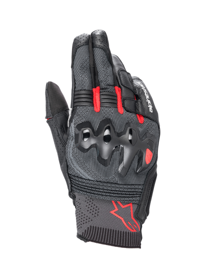 Alpinestars Morph Sport Gloves, Motorcycle Racing and Sport Gloves, Black and Bright Red, featuring MorphTech Weave™ backhand and over-injected knuckle protection, short cuff design with red Alpinestars logo.