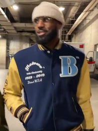 LeBron James Motown Varsity Jacket Varsity Jacket unisex detail view 2 | Dash Racegear — Blue and beige wool varsity jacket inspired by LeBron James Motown Records style in unisex design