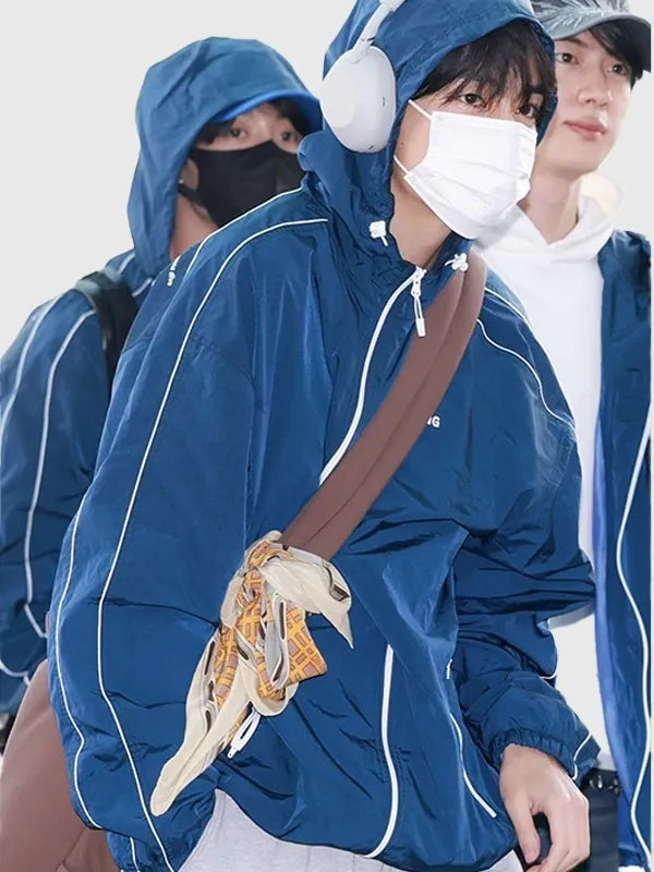 Bts Keep Swimming Jacket Jacket unisex detail view 3 | Dash Racegear — Musinsa Keep Swimming BTS Jacket in Blue, featuring bold graphics and relaxed fit, perfect for fans wearing it casually every day.