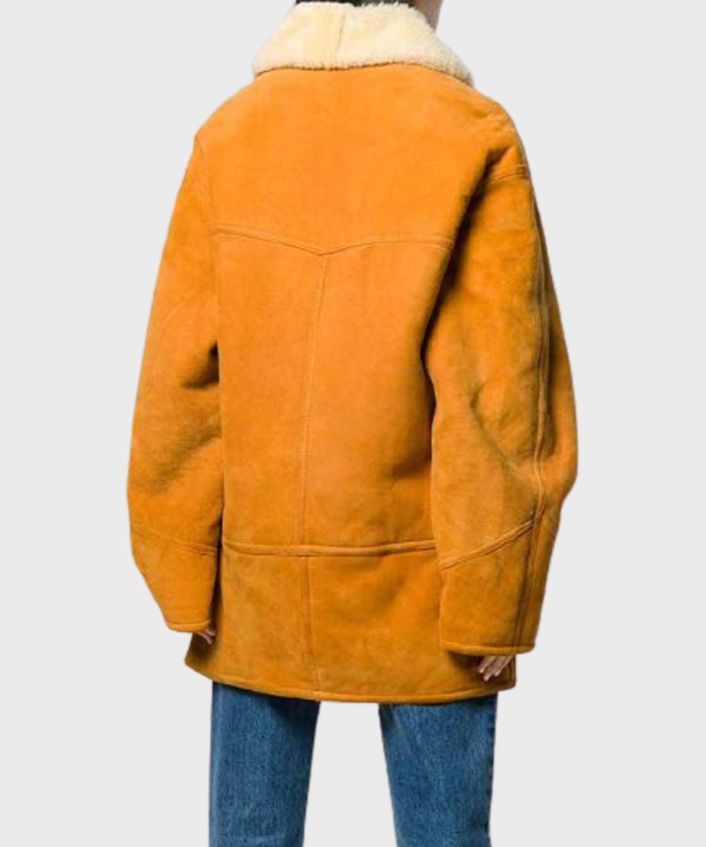 Womens Mid-Length Mustard Shearling Coat Jacket women detail view 3 | Dash Racegear — Womens Mustard Suede Leather Mid-Length Shearling Coat
