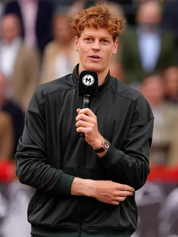 Jannik Sinner Mutua Madrid Open Jacket Jacket unisex front product view | Dash Racegear — Jannik Sinner 2026 Mutua Madrid Open black jacket features clean tennis-inspired design and zip style for unisex daily outfits
