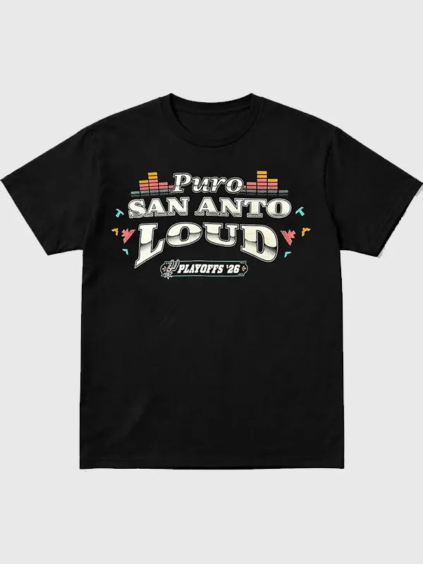 Puro San Anto Loud Playoffs T-Shirt Shirt unisex front product view | Dash Racegear — 2026 NBA Playoffs Puro San Anto Loud black T-shirt, bold fanwear for Spurs supporters showing up loud at game nights