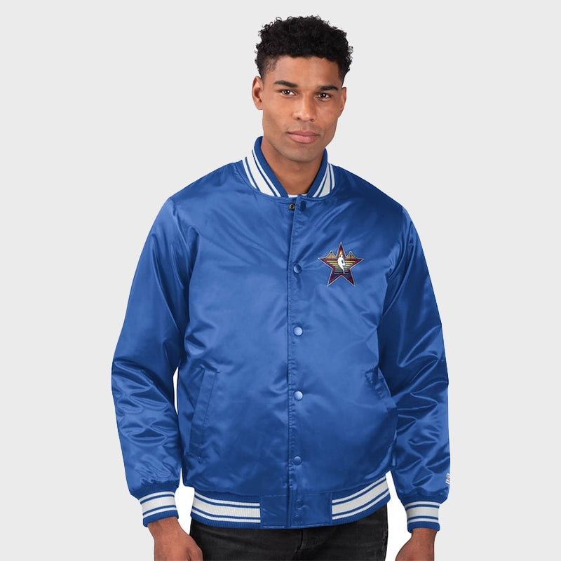 NBA All-Star Game Starter Royal Satin Varsity Jacket Varsity Jacket unisex front product view | Dash Racegear — Authentic Starter NBA All-Star Royal Blue Varsity Jacket