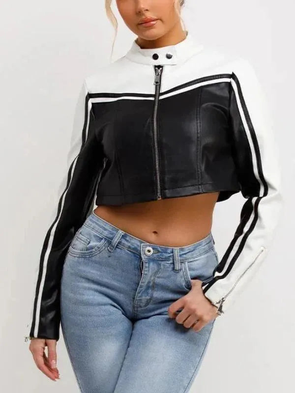 NBA All Star Jenna Bandy Leather Jacket Leather Jacket unisex detail view 2 | Dash Racegear — Two-tone black leather NBA All-Star 2026 Jenna Bandy jacket with zip front and standout varsity-inspired style.