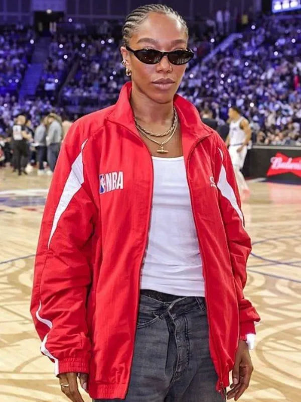 NBA London Game Naomi Ackie Red Jacket Jacket unisex front product view | Dash Racegear — Red NBA All Star London Game 2026 Naomi Ackie track jacket with zip front and bold co‑brand graphics for fans.