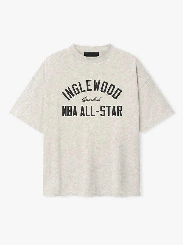 Essentials Inglewood x All Star Weekend T-Shirt Shirt unisex front product view | Dash Racegear — Grey Essentials Inglewood x All Star Weekend '26 90s T-shirt with retro graphics, perfect for casual street style.