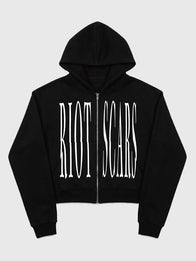 Riot Scars NFITI Hoodie Hoodie unisex front product view | Dash Racegear — Riot Scars No Friends In The Industry Black Zip-Up Hoodie with a bold streetwear edge and relaxed everyday fit.