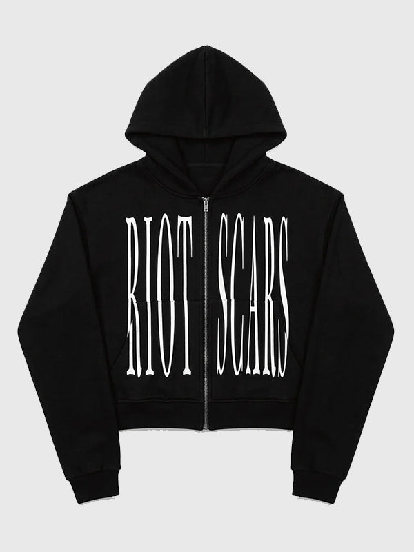 Riot Scars NFITI Hoodie Hoodie unisex front product view | Dash Racegear — Riot Scars No Friends In The Industry Black Zip-Up Hoodie with a bold streetwear edge and relaxed everyday fit.