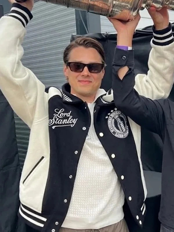 Sebastian Aho NHL Lord Stanley Varsity Jacket Varsity Jacket unisex front product view | Dash Racegear — Carolina Hurricanes Sebastian Aho Lord Stanley 2026 wool varsity jacket crafted for premium warmth and versatile everyday fashion.