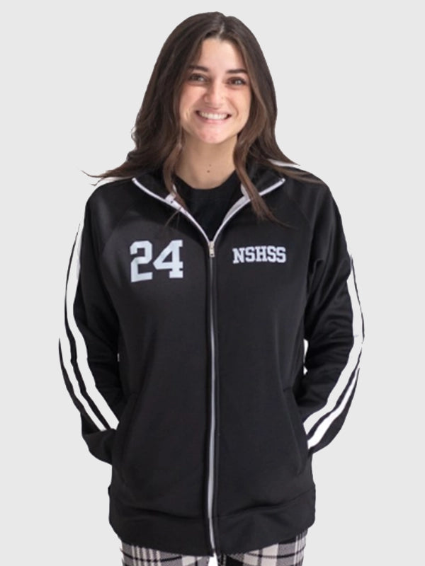 NSHSS Track Jacket Jacket unisex detail view 2 | Dash Racegear — Women's black NSHSS track jacket with a full zip front, sporty silhouette, and versatile everyday fashion appeal.