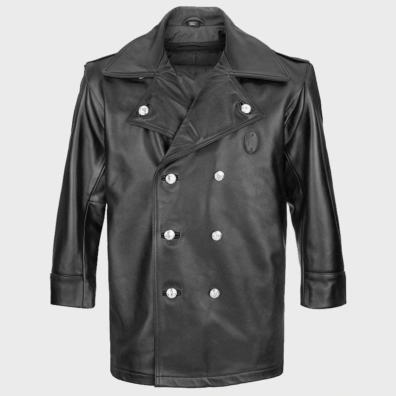 NYPD Cowhide Leather Long Jacket Jacket unisex front product view | Dash Racegear — Premium NYPD Leather Coat – Long Cowhide Design